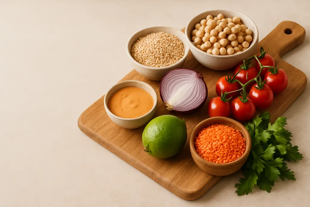Chickpeas, quinoa, red lentils, cherry tomatoes, red onion, lime and parsley on a wooden board.