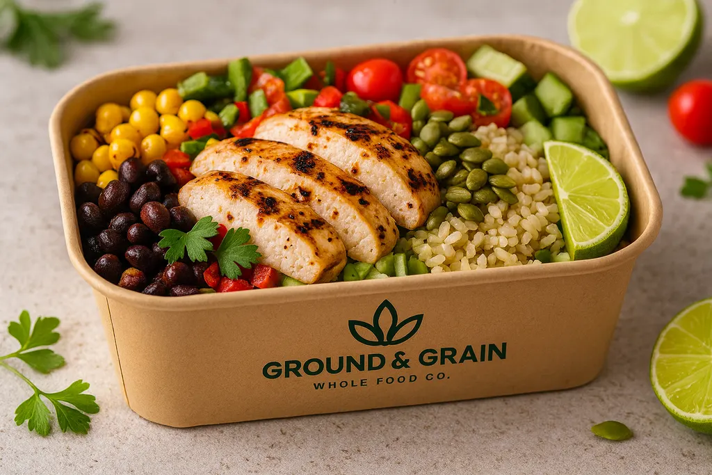 A Southwest Protein bowl packed with brown rice, black beans, grilled chicken, corn, peppers and cilantro, topped with a lime wedge.