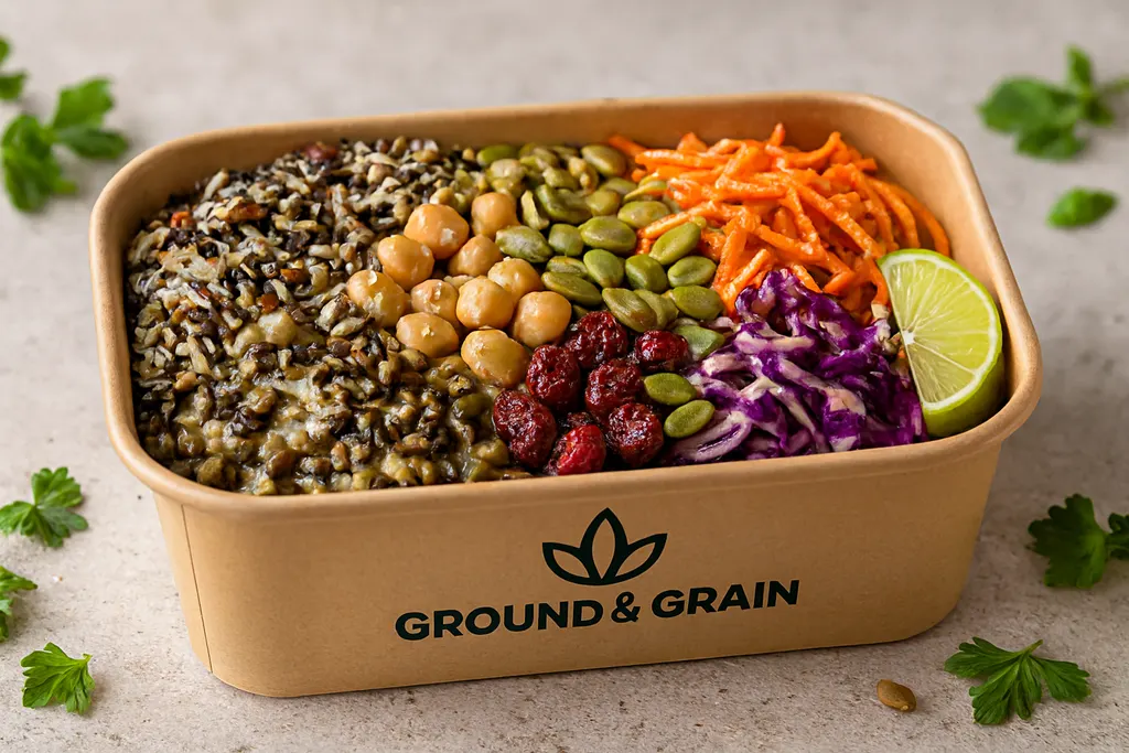 A Harvest Bowl in a Ground & Grain kraft container: wild rice, chickpeas, seeds, cranberries, carrot and purple cabbage.