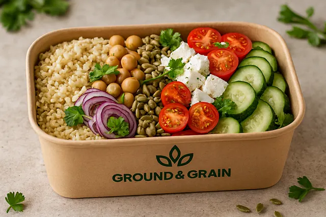A Mediterranean Power bowl with quinoa, chickpeas, lentils, cucumber, tomato and feta.