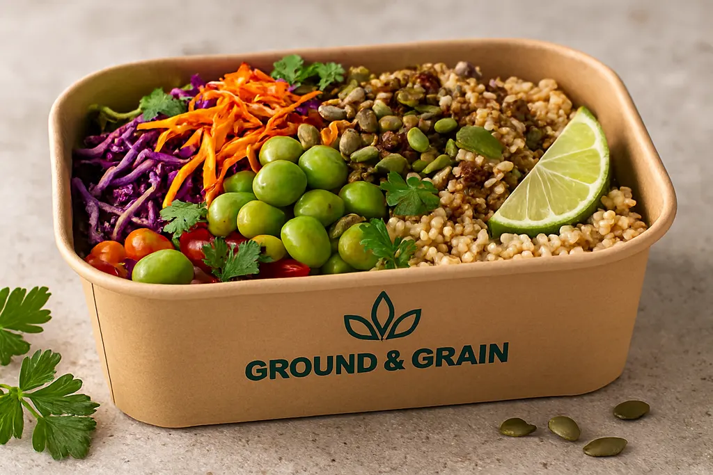 A Plant Protein bowl with quinoa, edamame, purple cabbage, carrot and seeds.