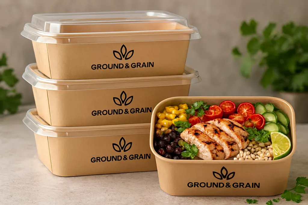 Ground & Grain containers stacked with lids, beside an open container of chicken, beans, rice and vegetables.