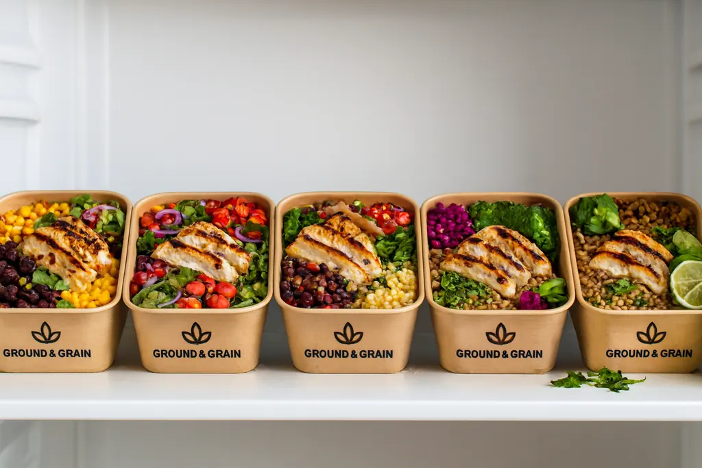 Five Ground & Grain containers lined up on a fridge shelf, ready for the week.